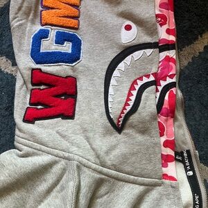 Bape Gray Zip Up Sweater with Red and Blue Accents